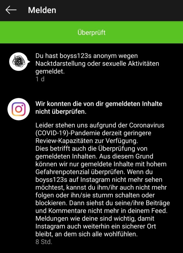 Anonymisierte Meldung eines Accounts mit Nacktbildern von Jungen im Altern unter 10 Jahren